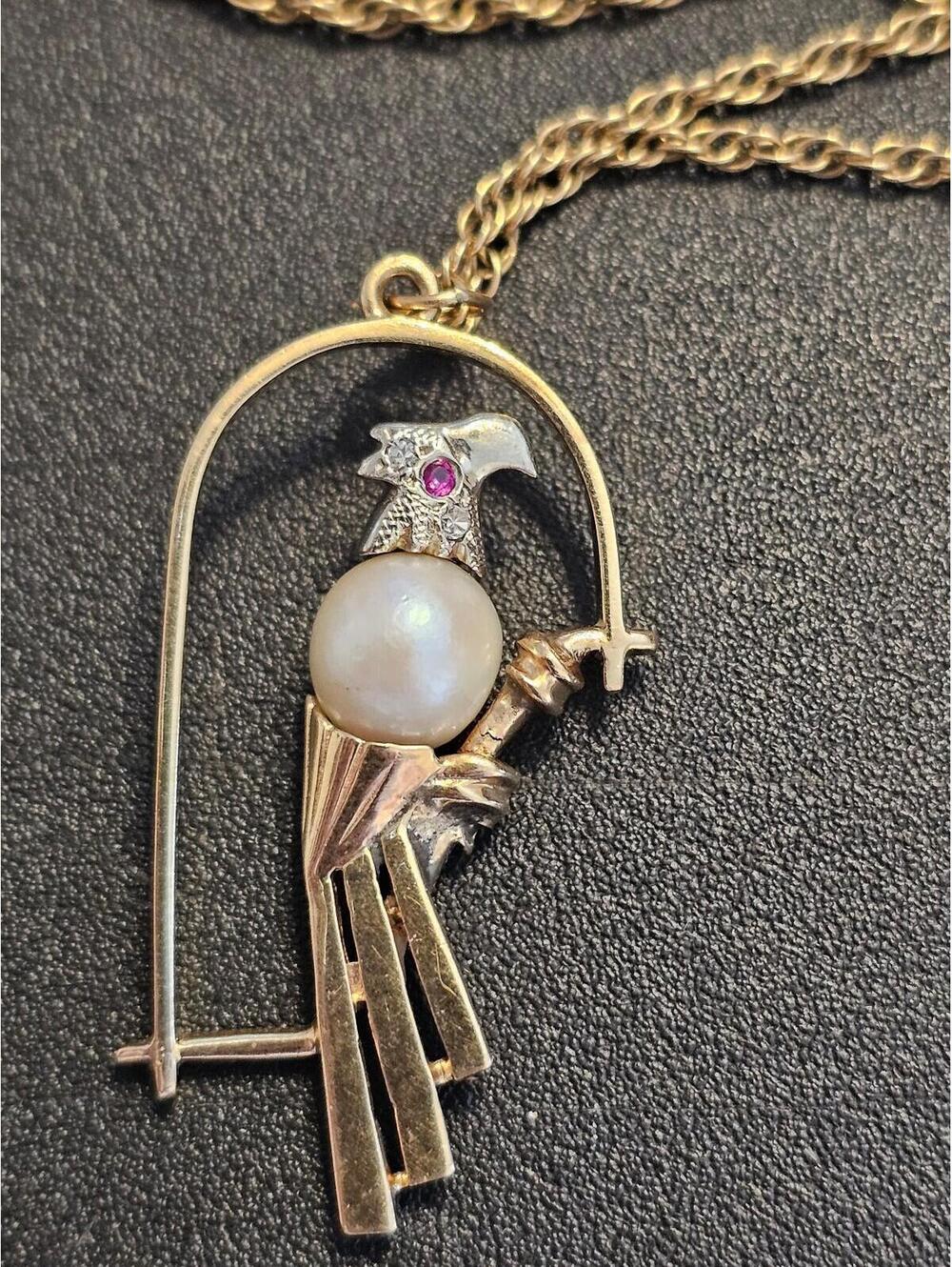 Unique Custom Made 14k Gold Parrot Necklace / Pearl / Ruby / Diamond